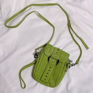 Green snakeskin mini crossbody bag with built in wallet converts to a wristlet